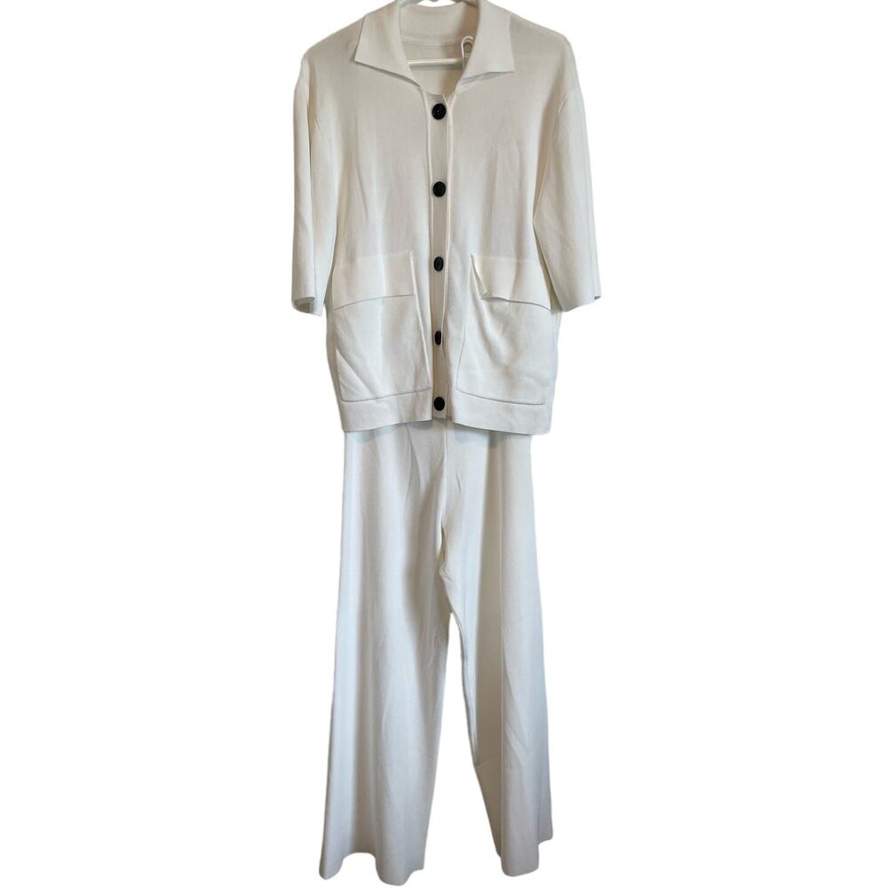 ALPHA Studio Cream Wide Leg Knit Pants Set Short Sleeve Collared 8 Casual Chic